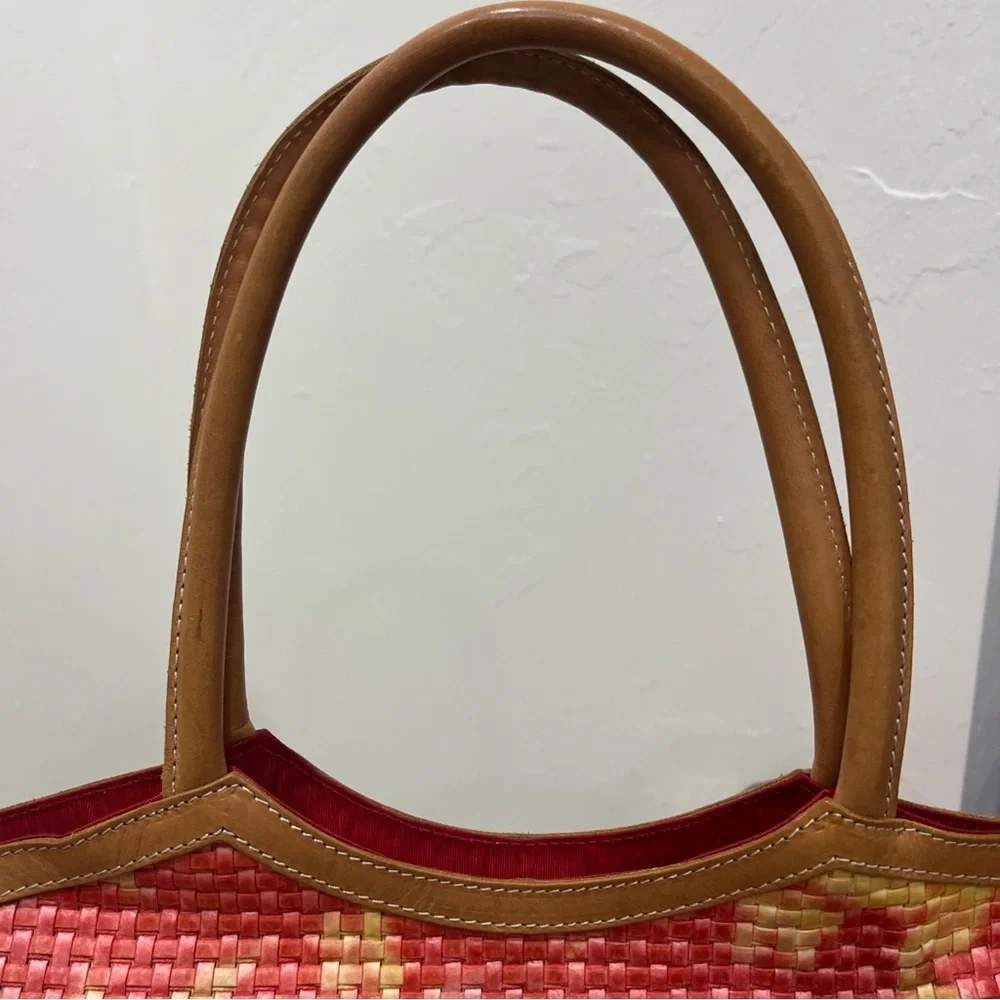 Nordstrom Tote‎ Bag Womens Medium Pink Orange  Woven Made In Italy Leather Trim